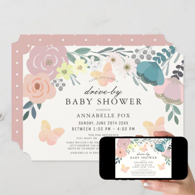 Pink Floral & Butterflies Driveby Baby Shower Invitation Zazzle