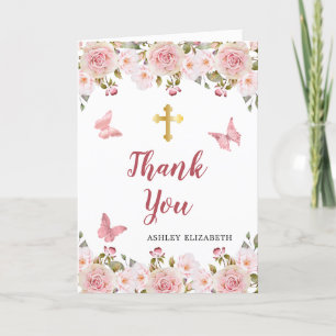 Pink Floral Butterflies First Communion 2 Photo Thank You Card