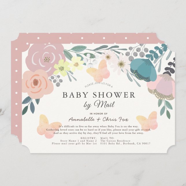 Pink Floral & Butterflies Girl Baby Shower by Mail Invitation (Front/Back)