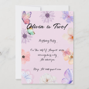 Pink Floral butterflies girl birthday invitation 