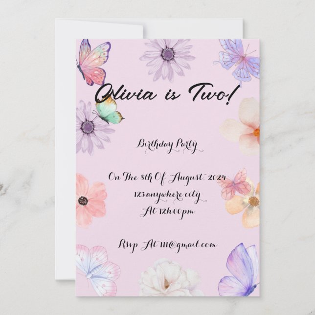 Pink Floral butterflies girl birthday invitation  (Front)