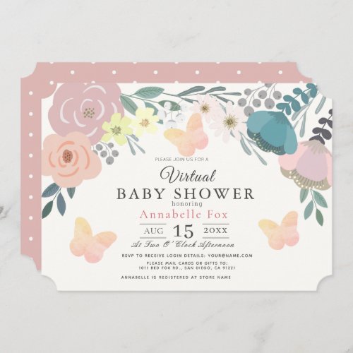 Pink Floral  Butterflies Girl Virtual Baby Shower Invitation