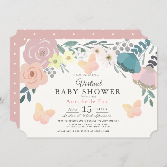 Pink Floral & Butterflies Girl Virtual Baby Shower Invitation (Front/Back)