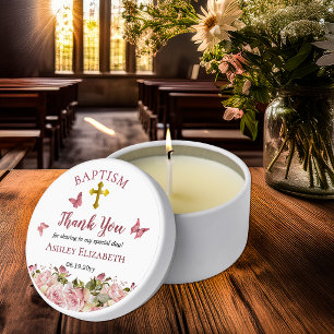 Pink Floral   Butterflies   Gold Cross Baptism Mini Candle Favors