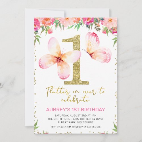 Pink Floral Butterflies Gold Glitter 1st Birthday Invitation