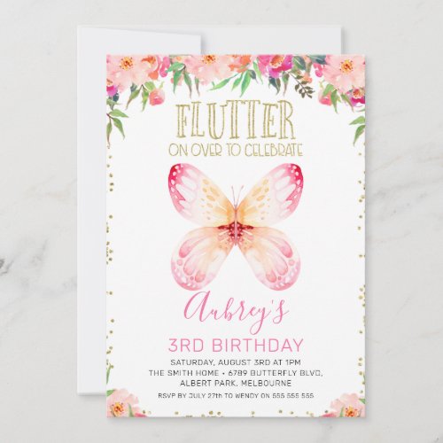 Pink Floral Butterflies Gold Glitter Text Birthday Invitation
