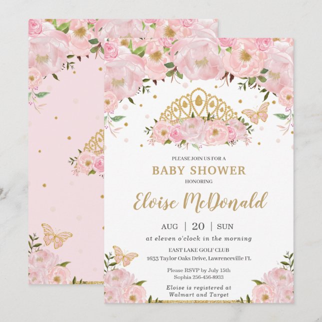 Pink Floral Butterflies Princess Tiara Baby Shower Invitation (Front/Back)