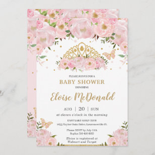 Pink Floral Butterflies Princess Tiara Baby Shower Invitation