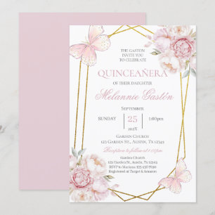 Pink Floral Butterflies Quinceañera Invitation