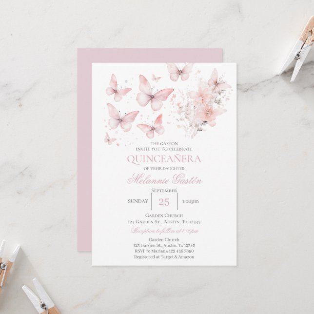 Pink Floral Butterflies Quinceañera Invitation (Front/Back In Situ)