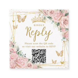 Pink Floral Butterflies Quinceanera RSVP QR Code Enclosure Card