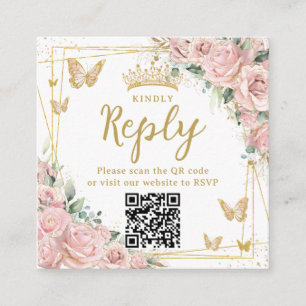 Pink Floral Butterflies Quinceanera RSVP QR Code Enclosure Card