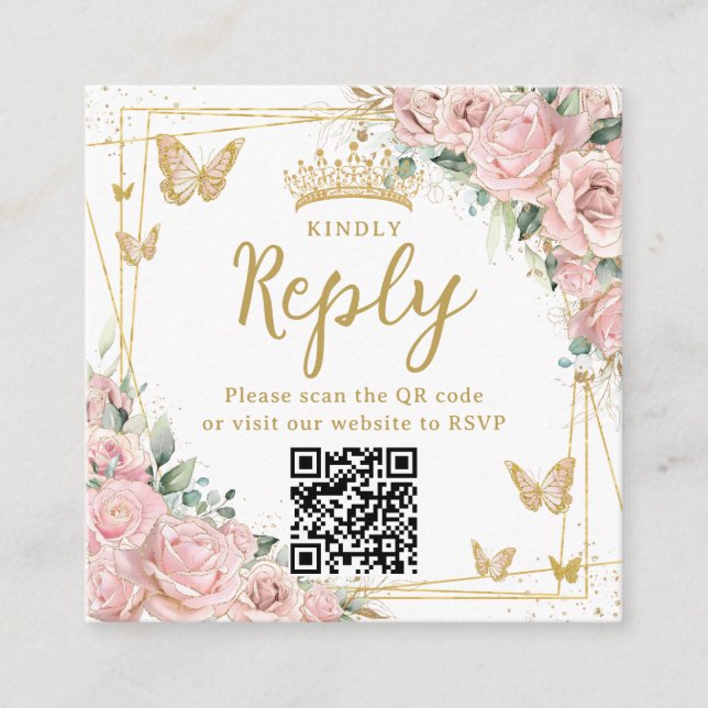 Pink Floral Butterflies Quinceanera RSVP QR Code Enclosure Card (Front)