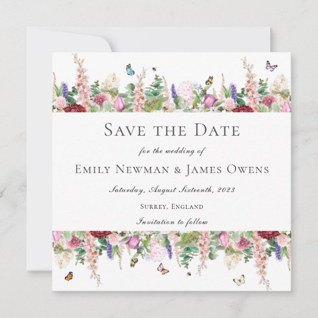 Pink Floral Butterflies Save the Date Invitation (Front)