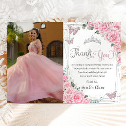 Pink Floral Butterflies Sweet 16 Quincea&#241;era Photo Thank You Card