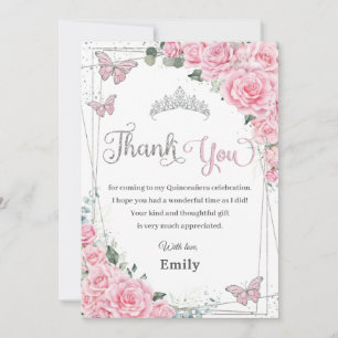Pink Floral Butterflies Sweet Sixteen Quinceañera Thank You Card