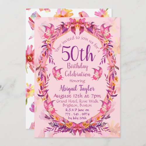 Pink Floral Butterfly 50th Birthday Invitation