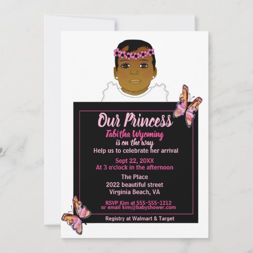Pink Floral Butterfly African American Baby Girl I Invitation