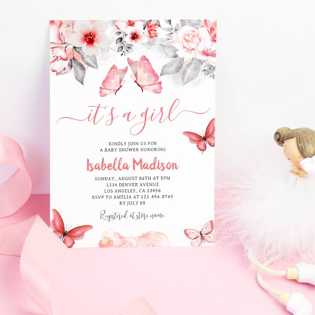 Pink Floral Butterfly Baby Girl Shower  Invitation (Pink Floral Butterfly Baby Girl Shower Invitation
)
