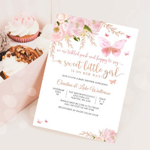 Pink Floral Butterfly Baby Shower Invitation