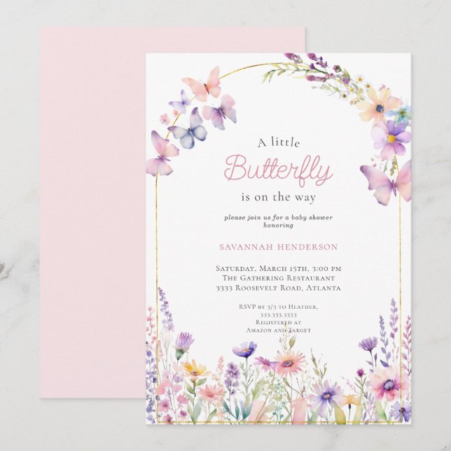 Pink Floral Butterfly Baby Shower Invitation (Front/Back)