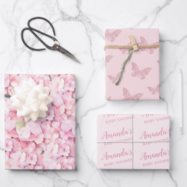 Pink Floral Butterfly Baby Shower Personalized  Wrapping Paper Sheets (Front)