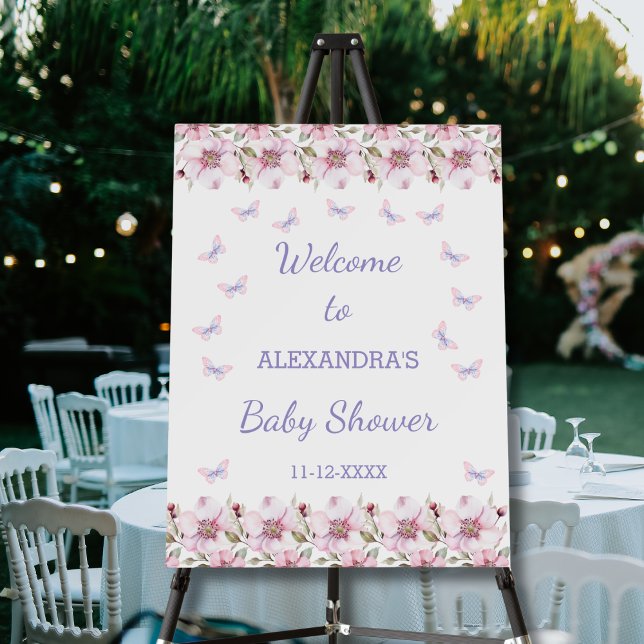 Pink Floral Butterfly Baby Shower Welcome Sign (Creator Uploaded)