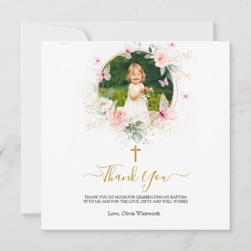 Pink Floral Butterfly Baptism Christening  Thank You Card