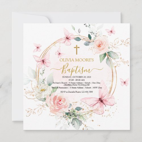 Pink Floral Butterfly Baptism Invitation