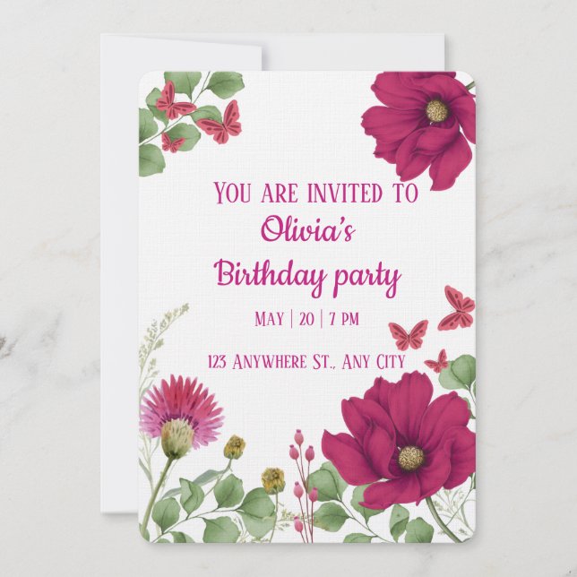 Pink Floral Butterfly  Birthday Invitation (Front)