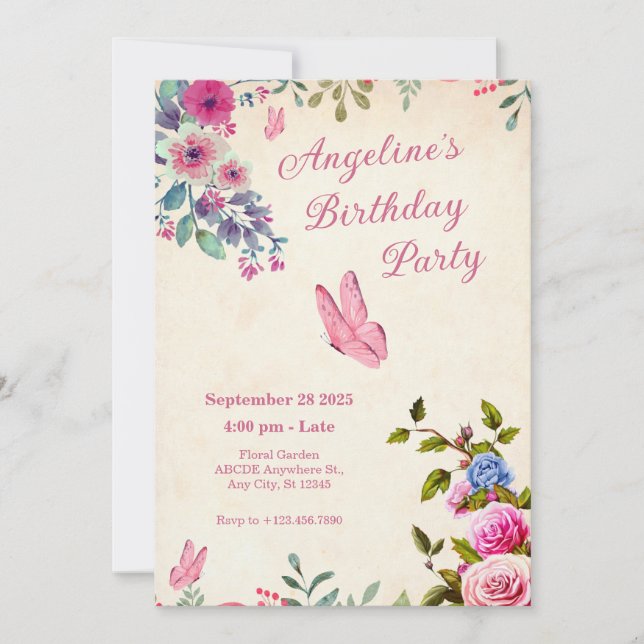 Pink floral butterfly birthday invitation (Front)