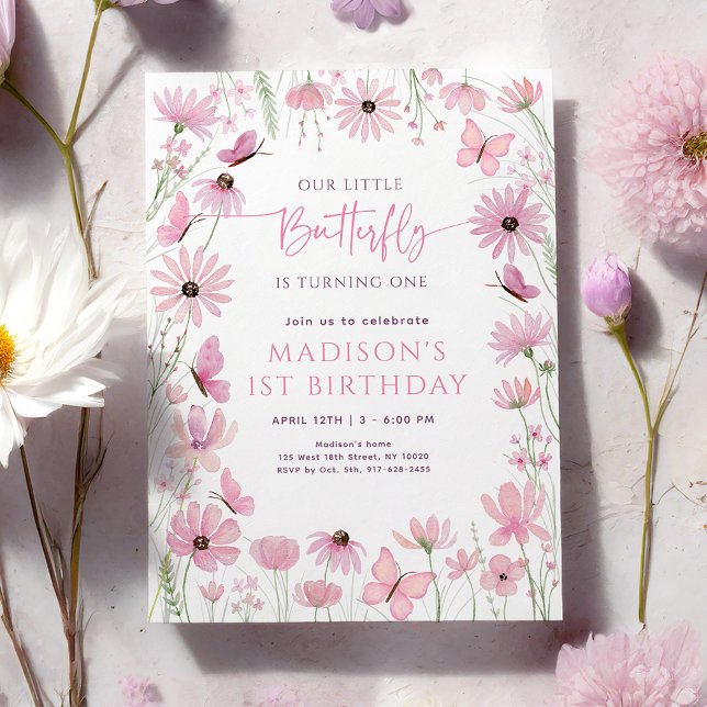 Pink Floral Butterfly First Birthday Invitation (Creator Uploaded)