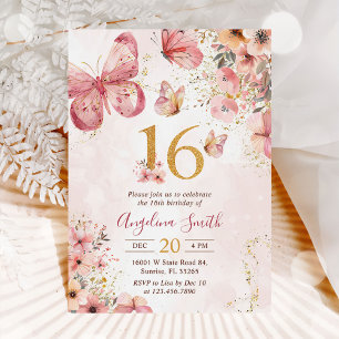 Pink Floral Butterfly Girl 16th Birthday Party Invitation