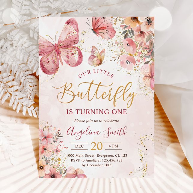 Pink Floral Butterfly Girl 1st Birthday Party Invitation (Creator Uploaded)