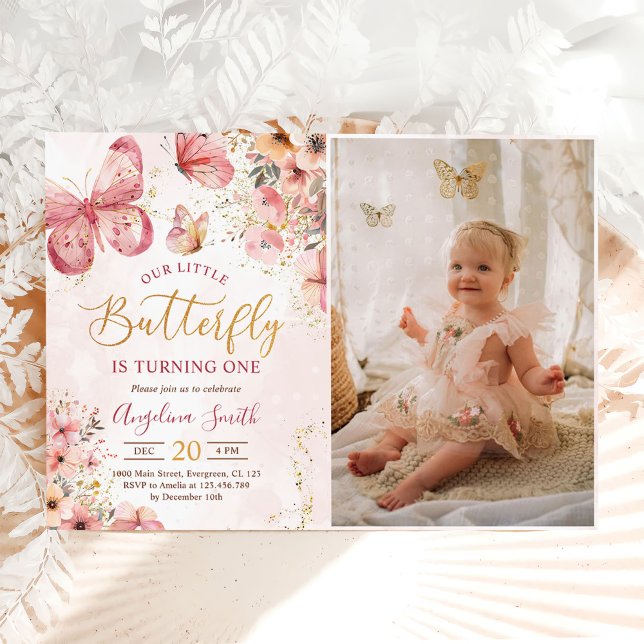 Pink Floral Butterfly Girl 1st Birthday Photo Invitation (Creator Uploaded)