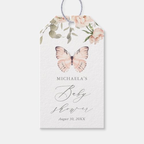 Pink Floral Butterfly Girl Baby Shower Gift Tags