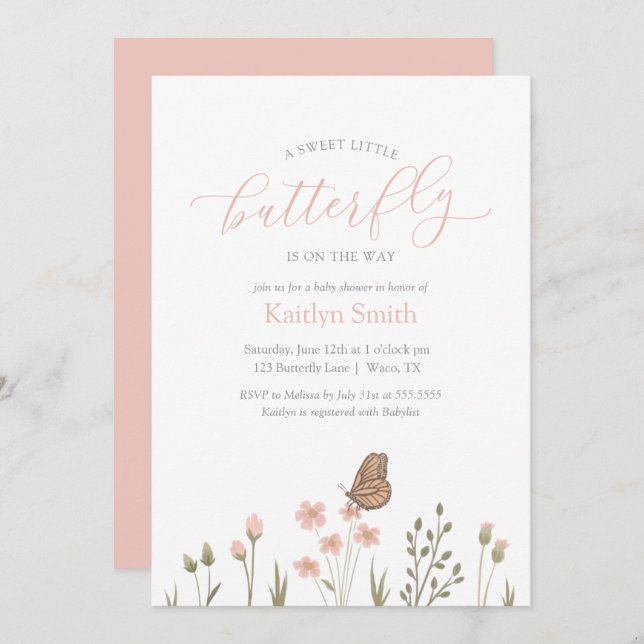 Pink Floral Butterfly Girl Baby Shower Invitation (Front/Back)