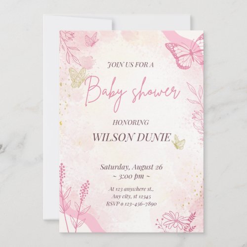 Pink Floral Butterfly Girl Baby Shower Invitation