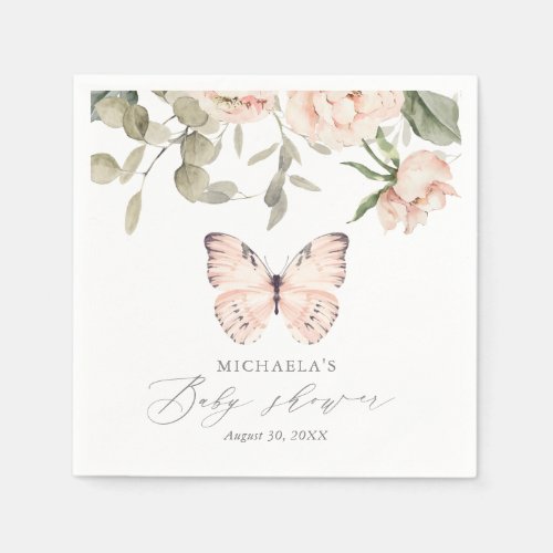 Pink Floral Butterfly Girl Baby Shower Napkins
