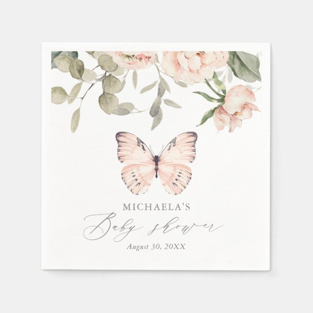 Pink Floral Butterfly Girl Baby Shower Napkins (Front)