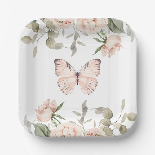 Pink Floral Butterfly Girl Baby Shower Paper Plates