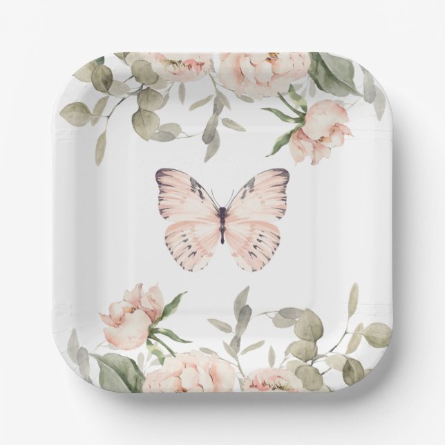 Pink Floral Butterfly Girl Baby Shower Paper Plates (Front)