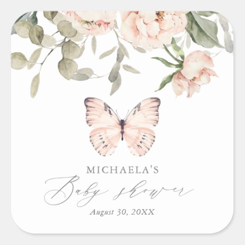 Pink Floral Butterfly Girl Baby Shower Square Sticker