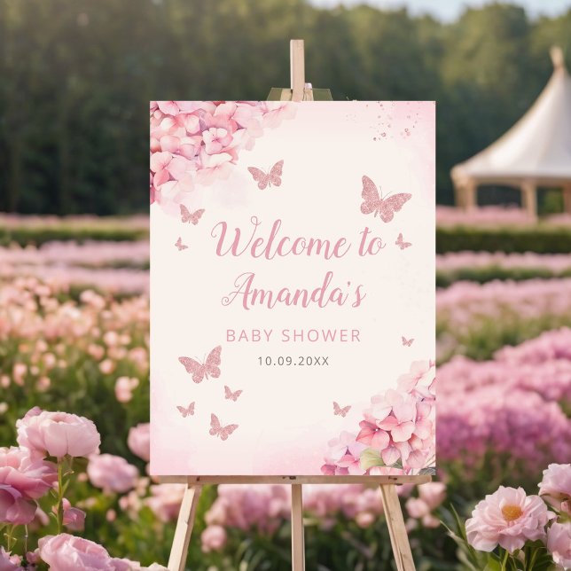 Pink Floral Butterfly Girl Baby Shower Welcome  Foam Board (Creator Uploaded)
