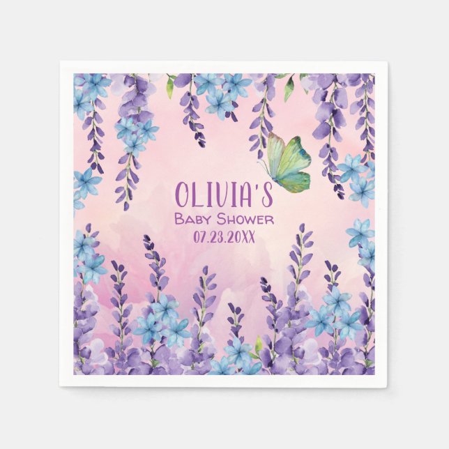 Pink Floral Butterfly Girl Baby Shower Welcome Napkins (Front)