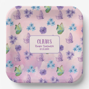 Pink Floral Butterfly Girl Baby Shower Welcome Paper Plates