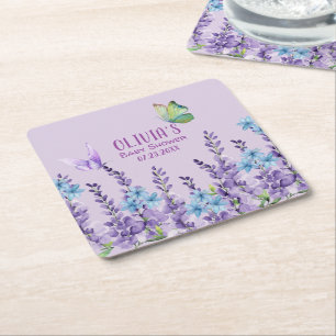 Pink Floral Butterfly Girl Baby Shower Welcome Square Paper Coaster