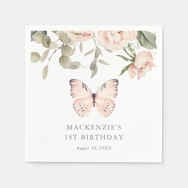 Pink Floral Butterfly Girl Birthday Party Napkins (Front)