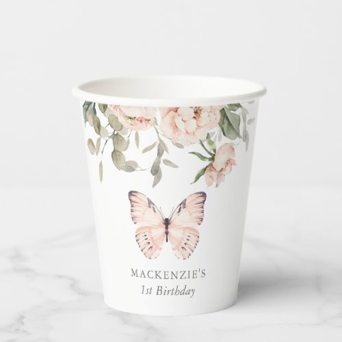 Pink Floral Butterfly Girl Birthday Party Paper Cups