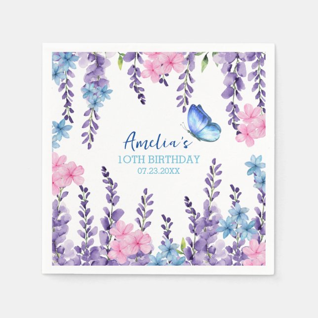 Pink Floral Butterfly Girl birthday tableware Napkins (Front)